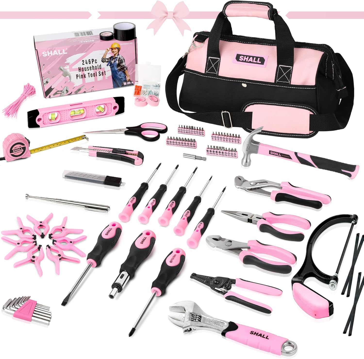🔥 Angebote & Aktionen – SHALL Pink Tool Set, 246-Piece Women's Basic Tool Kit for Home with 14 Inch Wide Mouth Open Tool Bag, General Household Hand Tool Set