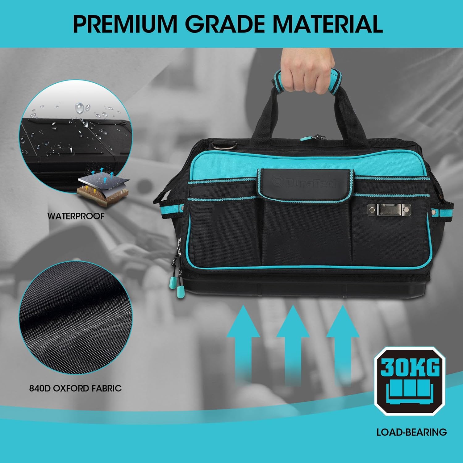 ⚡ Elektro & Technik – DURATECH Elektriker-Werkzeugtasche, wasserdicht, 43 cm, professionelle Werkzeugtasche mit breiter Öffnung und hohem Fassungsvermögen, 840D-Polyester, 32 Taschen, verstellbarer Riemen, Clip-Design, für Heimwerker – Bild 4