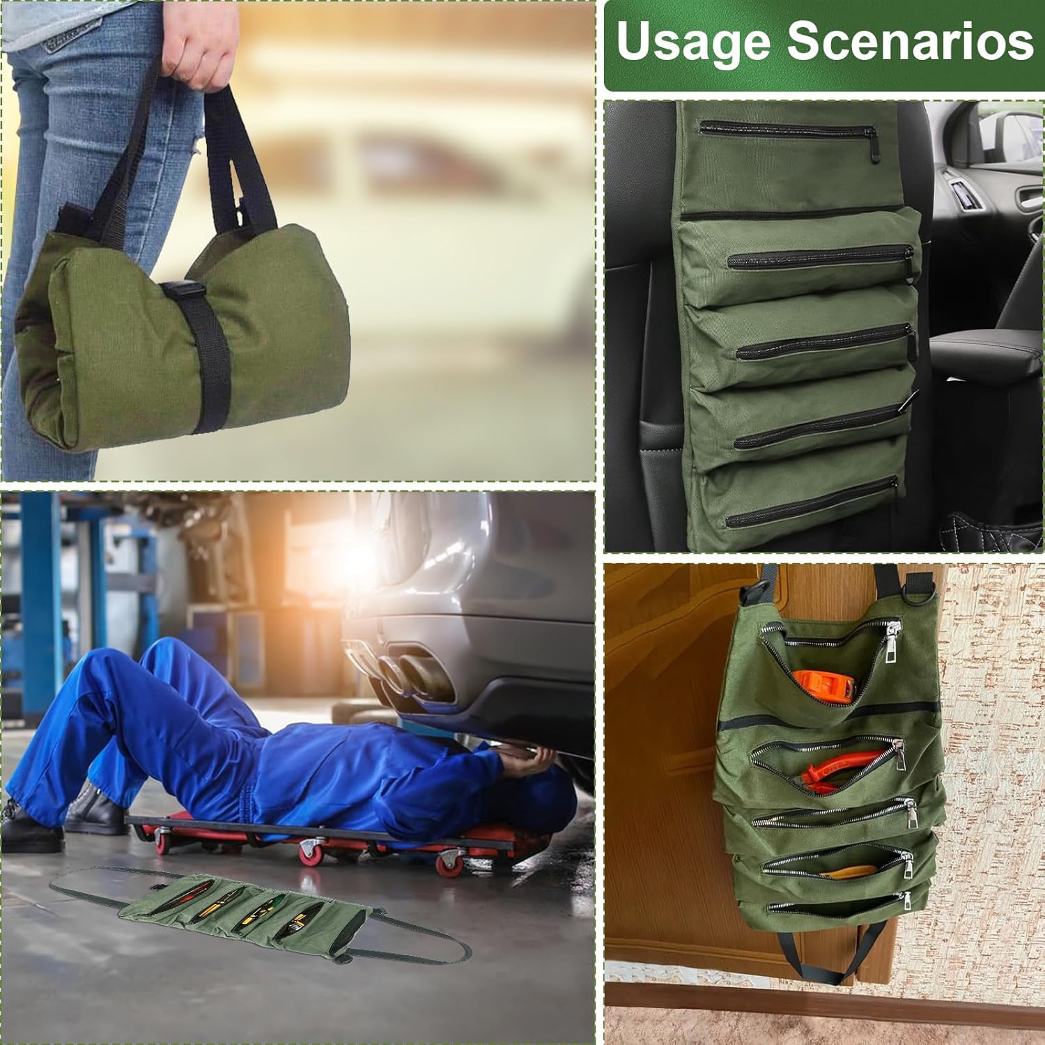 ⚡ Elektro & Technik – Canvas-Schraubenschlüssel-Werkzeugtasche, Mehrzweck-Rolltasche, Werkzeug-Rolltasche, Schraubenschlüssel-Rolltasche, Werkzeugtasche mit 5 Reißverschlusstaschen für Handwerker/Elektriker, grün – Bild 3