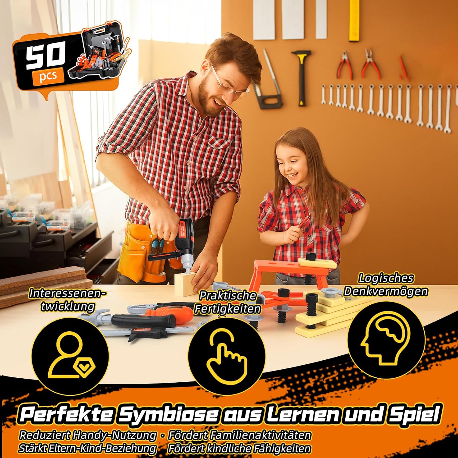 ⚡ Elektro & Technik – Kinder Werkzeugkasten, Werkzeugset Kinder mit Kettensäge & Bohrmaschine & Winkelschleifer, Rollenspielspielzeug ab 3 4 5 6 7 8 Jahre Jungen Mädchen (50 Teile) – Bild 7