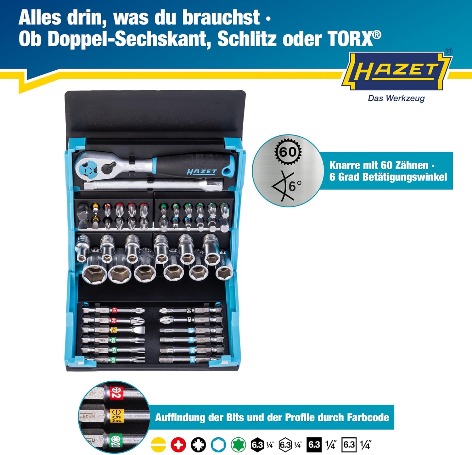 🚗 KFZ & Werkstatt – HAZET SmartCase Socket Spanner Set, 2200SC-2, 50-Piece Tool Socket Set, Drive: Hexagonal and Square 6.3 mm, Mobile Tool Box, Made in Germany – Bild 5