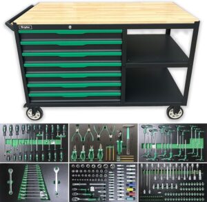 ⚒️ Bau & Montage – Rollbarer Werkstattwagen mit 7 Schubladen und doppelten Ablagen, Arbeitsplatte aus Holz für Garage, Werkstatt oder Außenbereich, 300 kg Tragkraft (7 Schubladen mit 258 Werkzeugteilen)