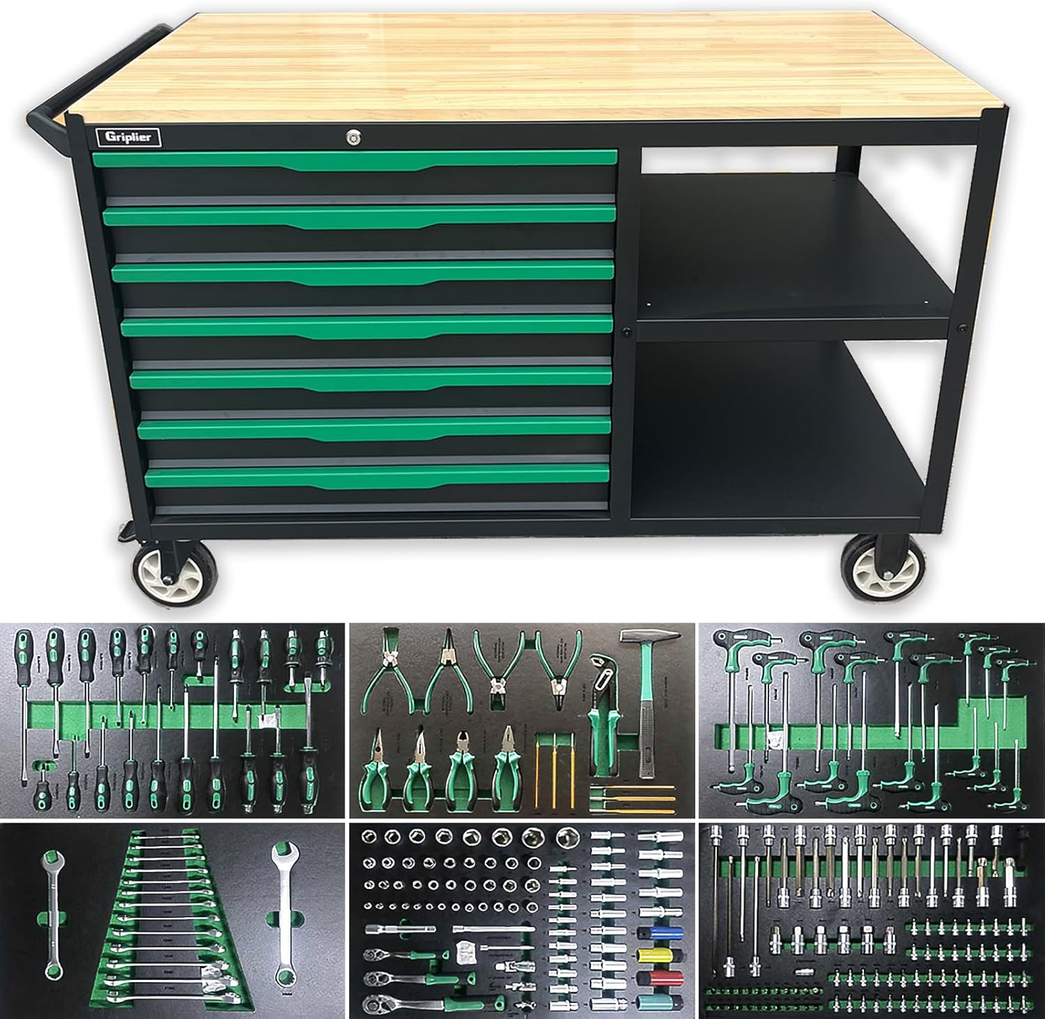 ⚒️ Bau & Montage – Rollbarer Werkstattwagen mit 7 Schubladen und doppelten Ablagen, Arbeitsplatte aus Holz für Garage, Werkstatt oder Außenbereich, 300 kg Tragkraft (7 Schubladen mit 258 Werkzeugteilen)