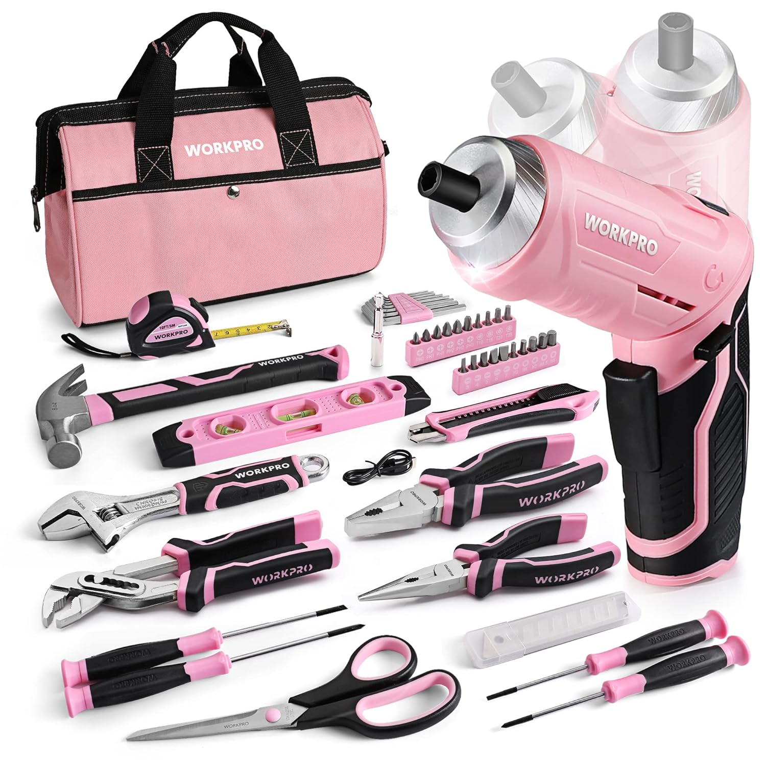 🔥 Angebote & Aktionen – WORKPRO 53-Piece Tool Set Pink with Cordless Screwdriver Small Pink Tool Bag Filled for Household Repair with Spirit Level, Water Pump Pliers, Gifts for Mother, Home Owner