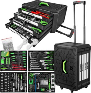 🔥 Angebote & Aktionen – tectake Tool Set in Aluminium Case, Tool Box Filled 899 Pieces, Tool Trolley with 4 Drawers, Telescopic Handle, Large Tool Box for Professional and Household - Black