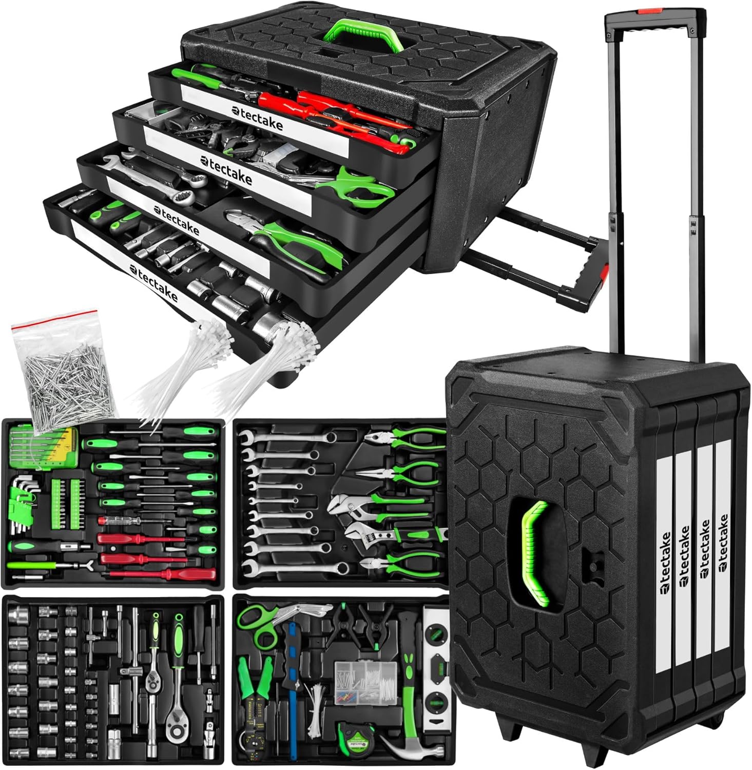 🔥 Angebote & Aktionen – tectake Tool Set in Aluminium Case, Tool Box Filled 899 Pieces, Tool Trolley with 4 Drawers, Telescopic Handle, Large Tool Box for Professional and Household - Black