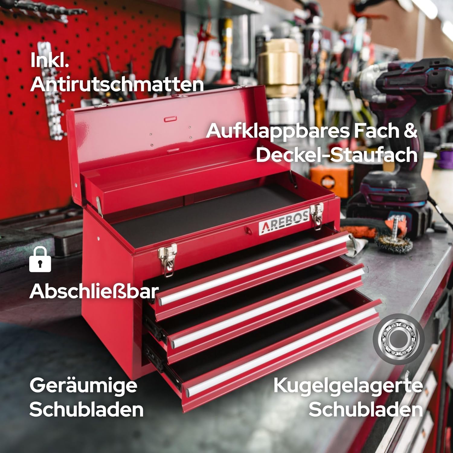 🔥 Angebote & Aktionen – Arebos Tool Box with 3 Drawers and 2 Storage Compartments 52 x 22 x 30.5 cm | Lockable Tool Box | Tool Box with Carry Handle & Snap Fasteners | Non-Slip Mats | Red – Bild 2