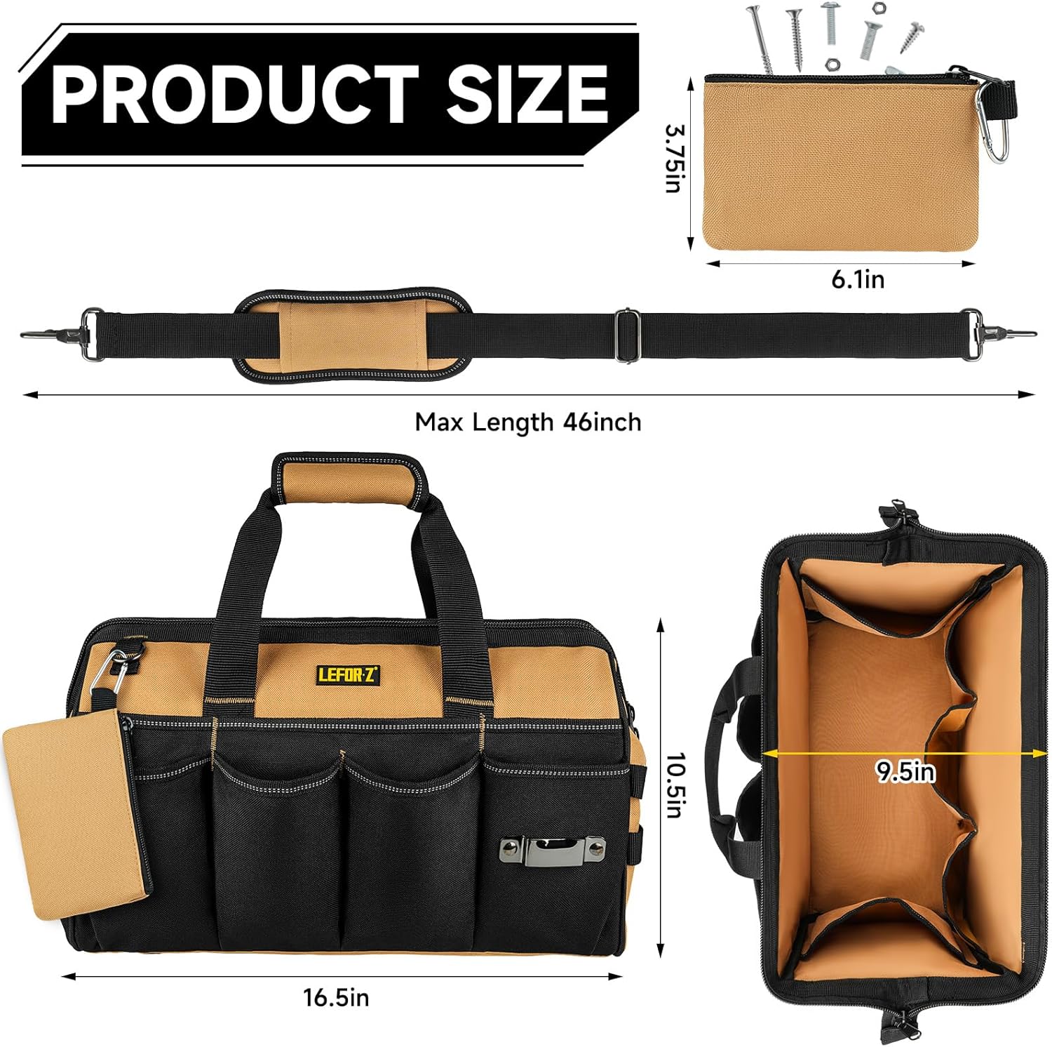 ⚡ Elektro & Technik – Werkzeugtasche klein leer, 16 Zoll robuste Werkzeugtasche mit Schultergurt, 27-Taschen-Werkzeugkasten für Herren, Weithals-Werkzeugtasche für Mechaniker, Elektriker, Tischler, Schwarzbraun – Bild 2