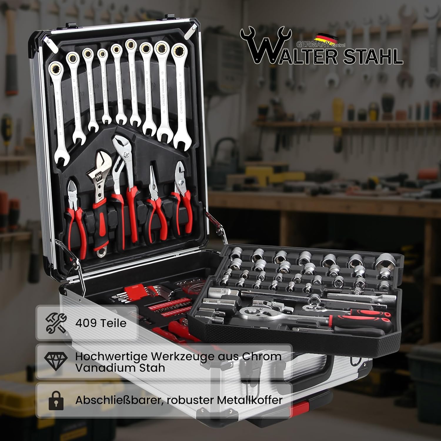 🔥 Angebote & Aktionen – Walter Stahl Tool Box Filled 409 Pieces | Tool Box | Aluminium Case | Tool Set | for Workshop and Household, Includes Wrench, Pliers etc – Bild 3