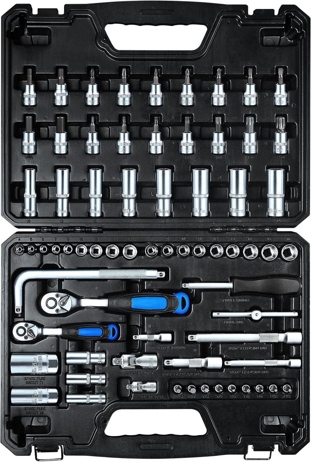 🚗 KFZ & Werkstatt – 69-Piece 1/4 Inch & 3/8 Inch Socket Set, Metric Nut Set (4-21 mm) + Bit Set, Professional Tool Set Including 72 Tooth Ratchet, Extension, Rotary Knob & Universal Joint