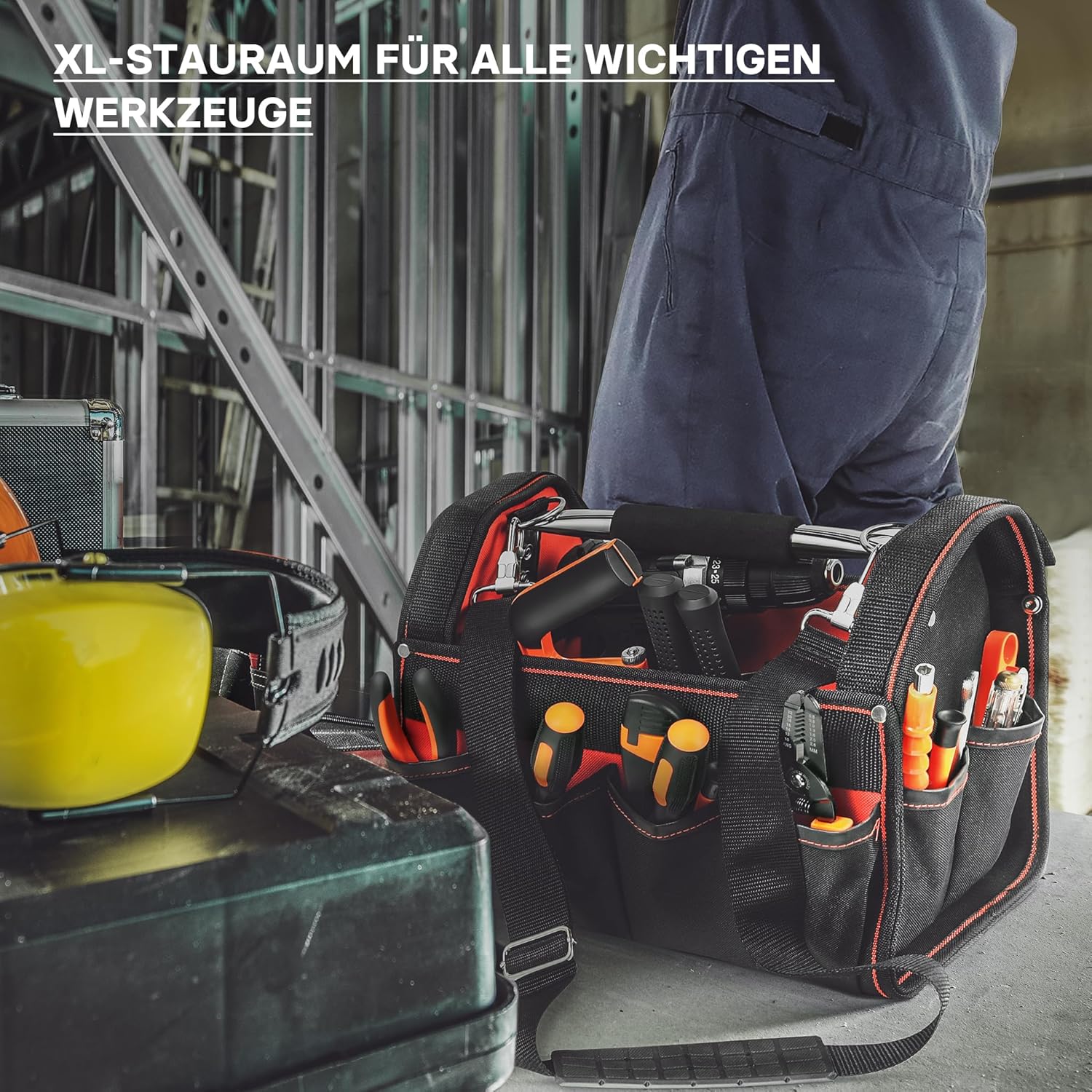 ⚒️ Bau & Montage – XL-Werkzeugtasche mit verstellbarem Schultergurt und Tragegriff, Innen- und Außentaschen – Bild 4
