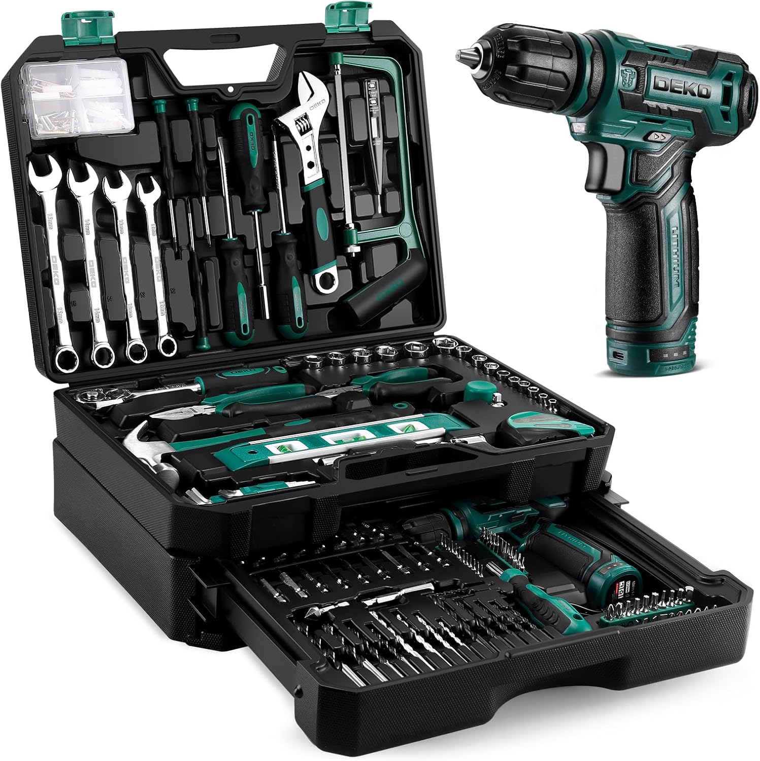 ⚡ Elektro & Technik – 238-tlg Werkzeugkoffer Gefüllt: DEKO Werkzeugset mit 12V Akkubohrer,Schubladen-Werkzeugkasten (einfach Zugriff),für Männer/Frauen – Hausreparaturen, Fahrzeugwartung,Heimwerken(Grün)