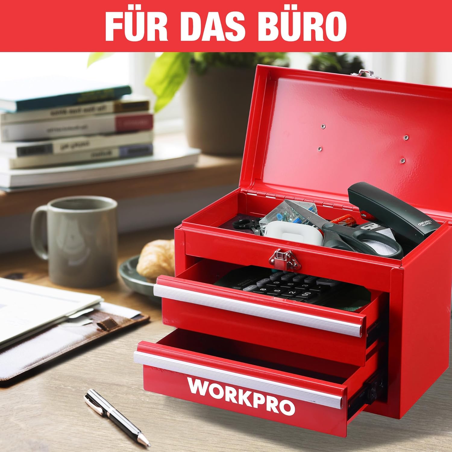 🔥 Angebote & Aktionen – WORKPRO Metal Drawer Box with 2 Drawers & Top Storage Space Red, 27.5 x 15 x 20.8 cm, Table Organiser with Drawers & Handle for Office, Changing Room and Desk, Portable Tool Box – Bild 7