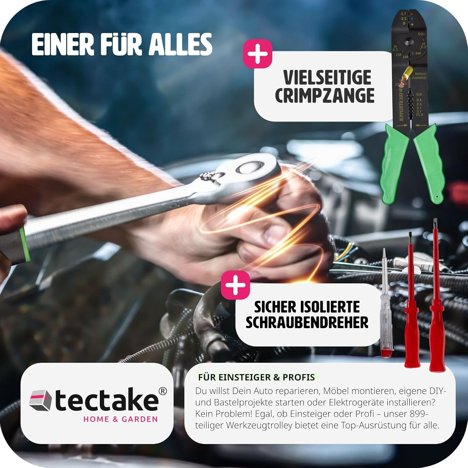 🔥 Angebote & Aktionen – tectake Tool Set in Aluminium Case, Tool Box Filled 899 Pieces, Tool Trolley with 4 Drawers, Telescopic Handle, Large Tool Box for Professional and Household - Black – Bild 7