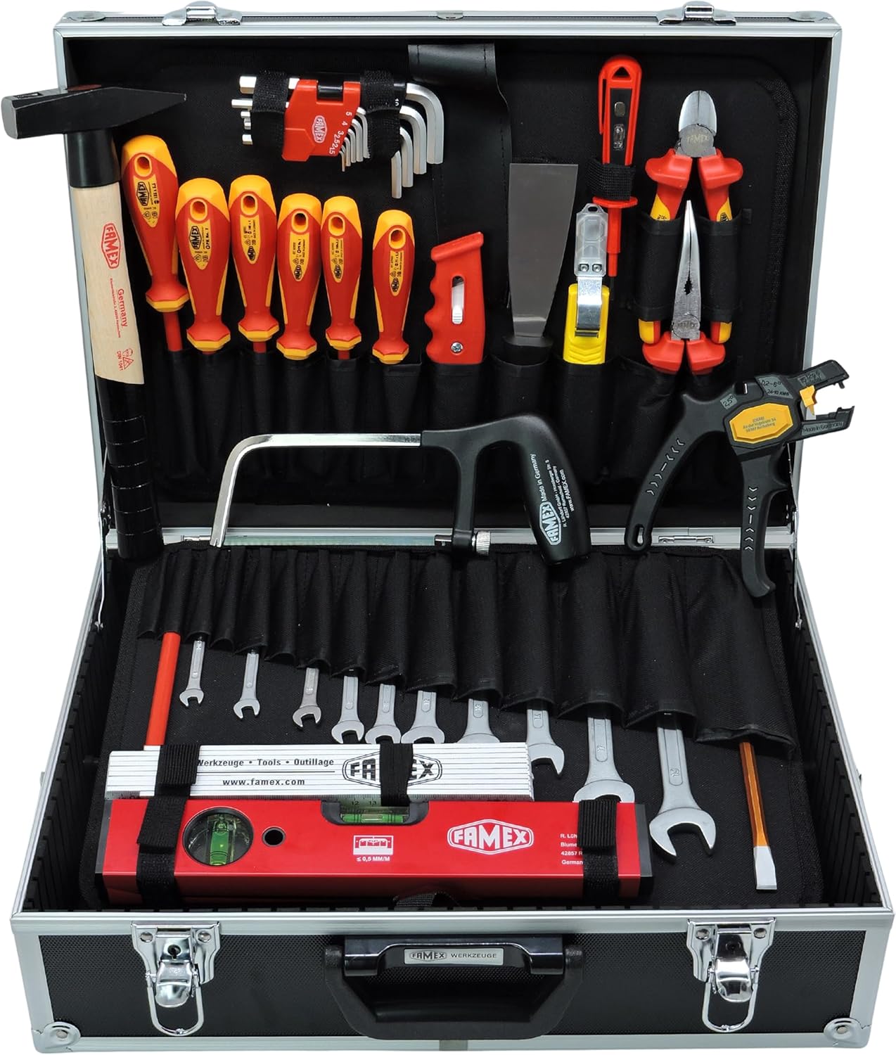 ⚡ Elektro & Technik – FAMEX 789-10 Alu-Werkzeugkoffer mit Werkzeugset für Elektriker – Profi-Werkzeugkoffer – Viele Werkzeuge Made in Germany, viel Stauraum, 45,5 x 35,5 x 16 cm