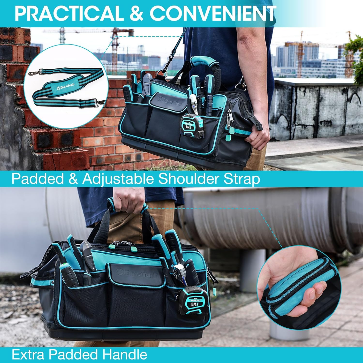 ⚡ Elektro & Technik – DURATECH Elektriker-Werkzeugtasche, wasserdicht, 43 cm, professionelle Werkzeugtasche mit breiter Öffnung und hohem Fassungsvermögen, 840D-Polyester, 32 Taschen, verstellbarer Riemen, Clip-Design, für Heimwerker – Bild 6