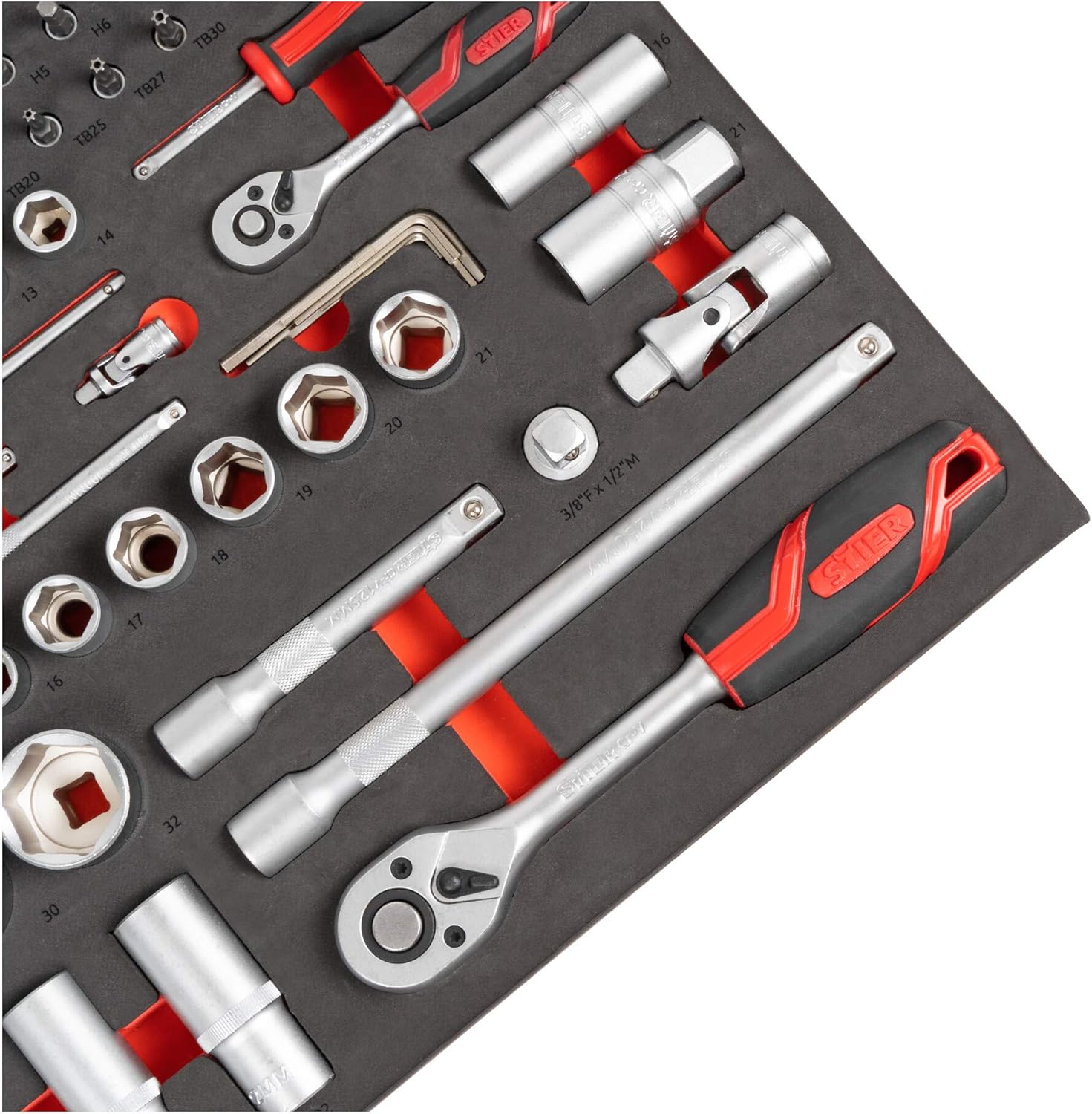 🚗 KFZ & Werkstatt – STIER Socket Spanner Set, 92 Pieces, 1/4 Inch 1/2 Inch with Reversible Ratchets, in Soft Foam Insert, as Inlay Workshop Trolley, Chrome Vanadium Steel – Bild 3