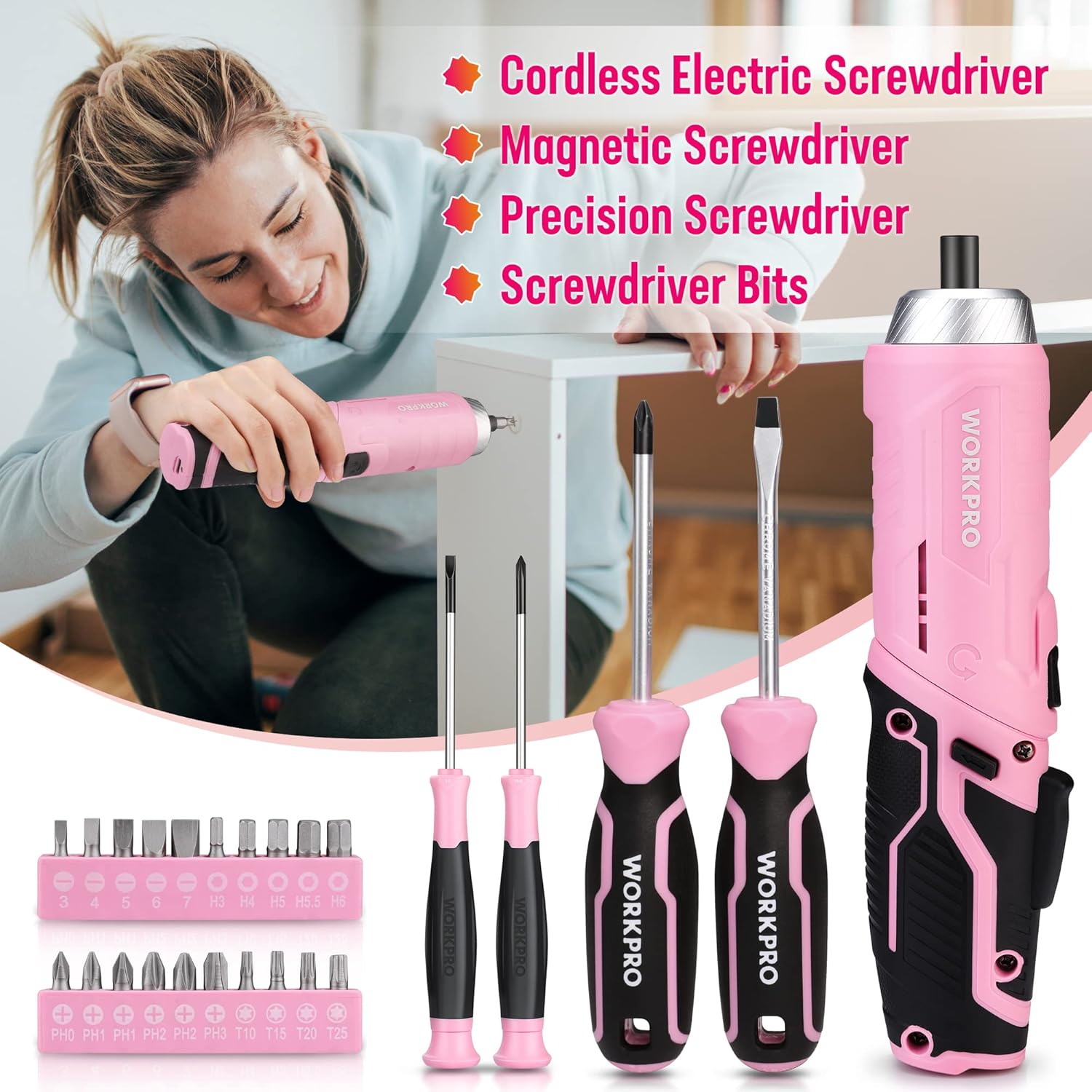 🔥 Angebote & Aktionen – WORKPRO 73-Piece Tool Set Pink with Cordless Screwdriver, Small, Pink Metal Tool Box Filled for Household Repair with Spirit Level, Water Pump Pliers, Gift for Mum DIY – Bild 3