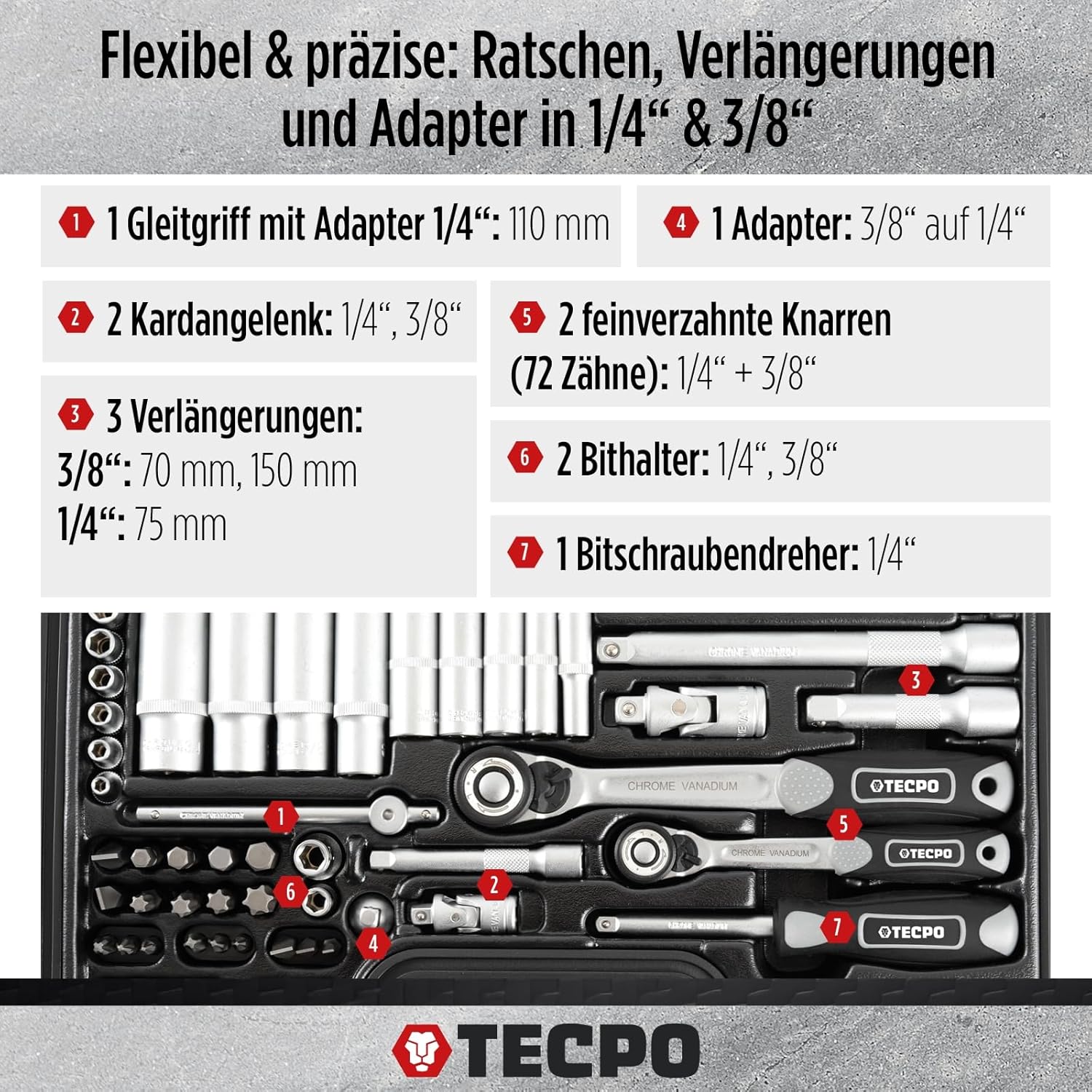 🚗 KFZ & Werkstatt – Tecpo 300383 Inch Tool Set - Harley Socket Spanner Nut Set - Ratchet Box - Socket Box – Bild 6