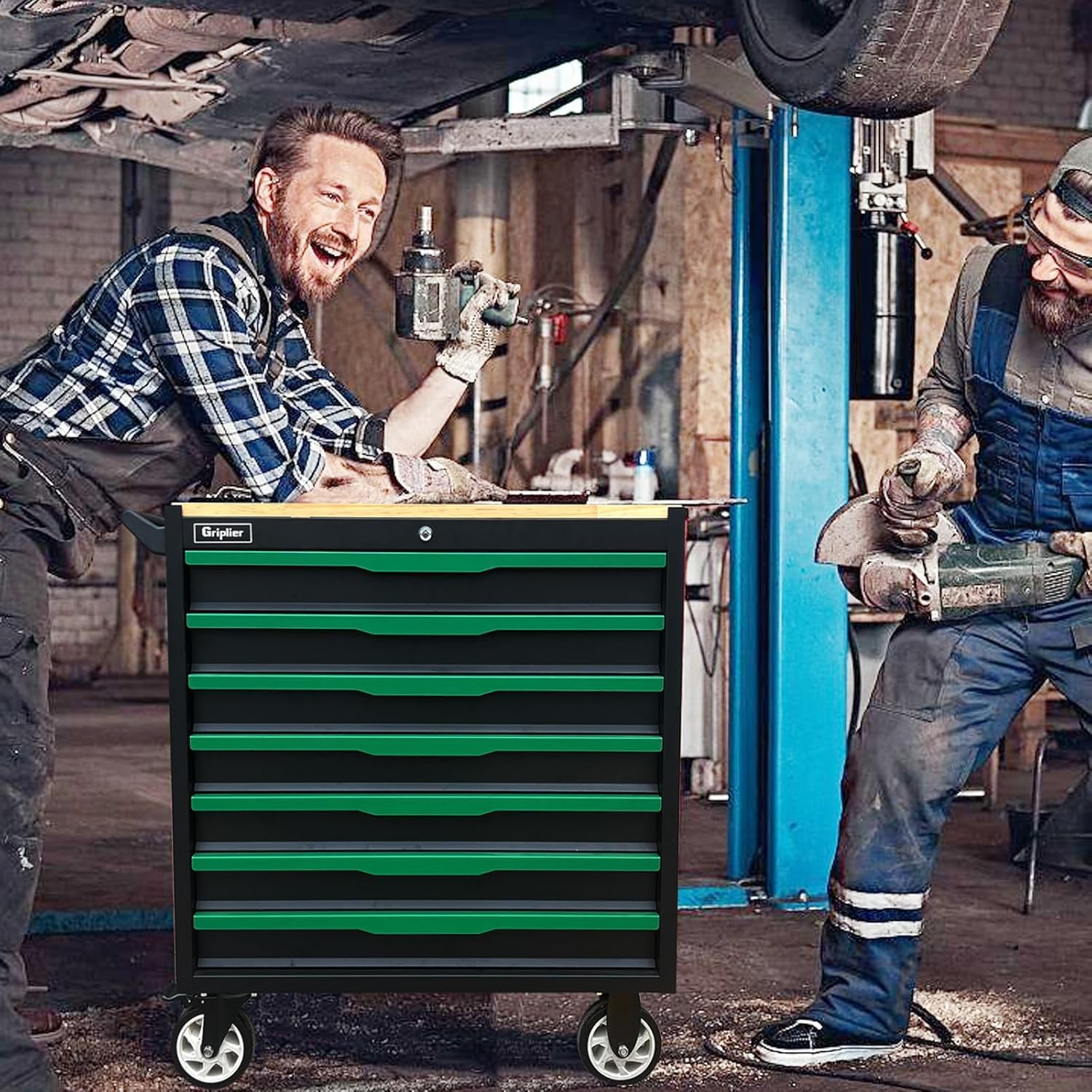 ⚒️ Bau & Montage – Werkstattwagen, 7 Schubladen, Bremsrad, schwarz/grün, robust, rollbar, mit Holzarbeitsplatte, 79,5 x 48 x 82 cm, Tragkraft 300 kg (7 Schubladen) – Bild 2