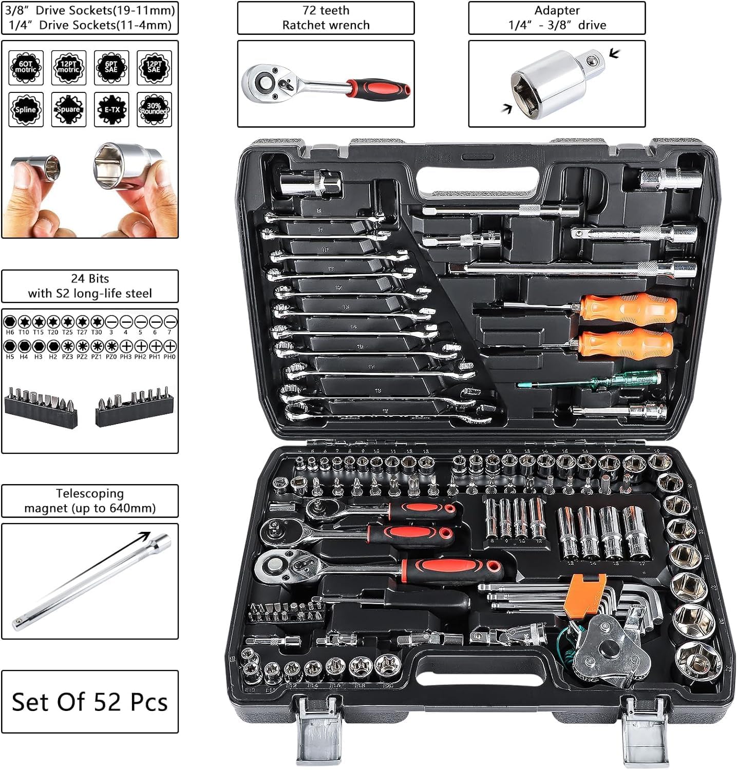 🚗 KFZ & Werkstatt – 121-Piece Ratchet Box 1/4 Inch and 3/8 Inch Reversible Ratchet Socket Set Ratchet Box Tool Box with Storage Socket Spanner Bit Set Socket Spanner Inserts Tool Box – Bild 6