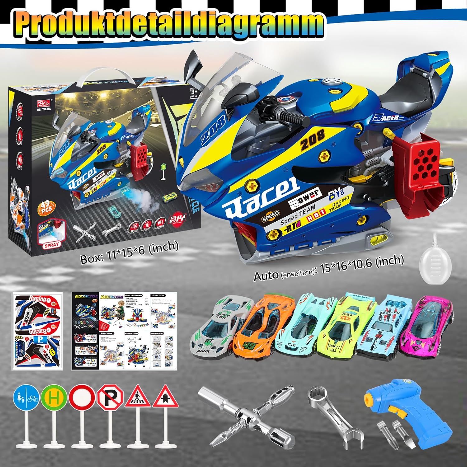 ⚡ Elektro & Technik – Kinder-Autoschrauben mit Bohrer, großes Moto-Set zum Schrauben, Spielzeug-Set mit Licht und Ton, Reparaturfunktionen, Lernspielzeug, Geschenke für Jungen, Geburtstag, 3–8 Jahre – Bild 7