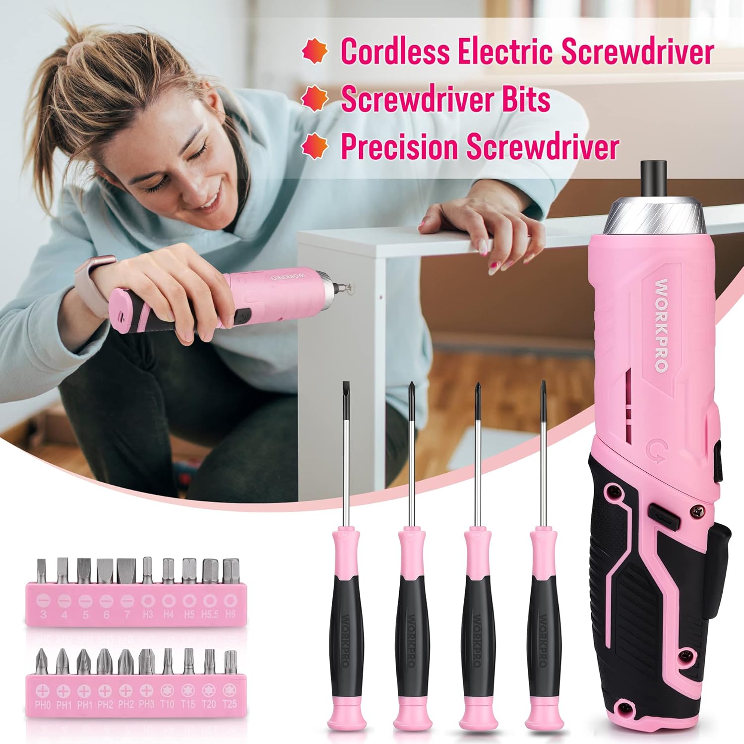 🔥 Angebote & Aktionen – WORKPRO 53-Piece Tool Set Pink with Cordless Screwdriver Small Pink Tool Bag Filled for Household Repair with Spirit Level, Water Pump Pliers, Gifts for Mother, Home Owner – Bild 3