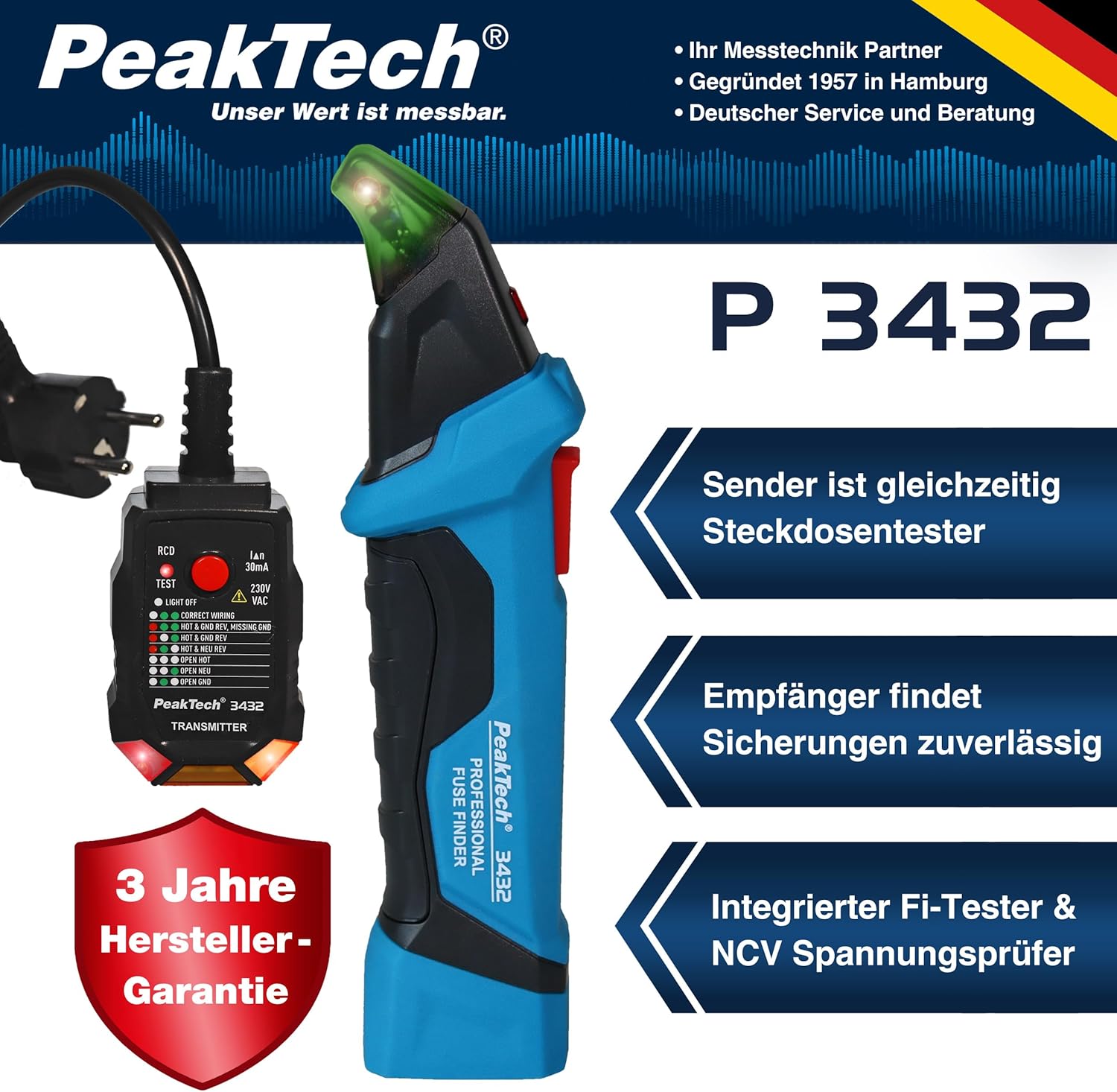 ⚡ Elektro & Technik – PeakTech 3432 Sicherungsfinder, Detektor für Stromkreise, berührungsloser Spannungsprüfer mit Steckdosenprüfer für 230 V Schuko – NCV Phasenprüfer / Leitungsdetektor / Stromprüfer – Bild 2