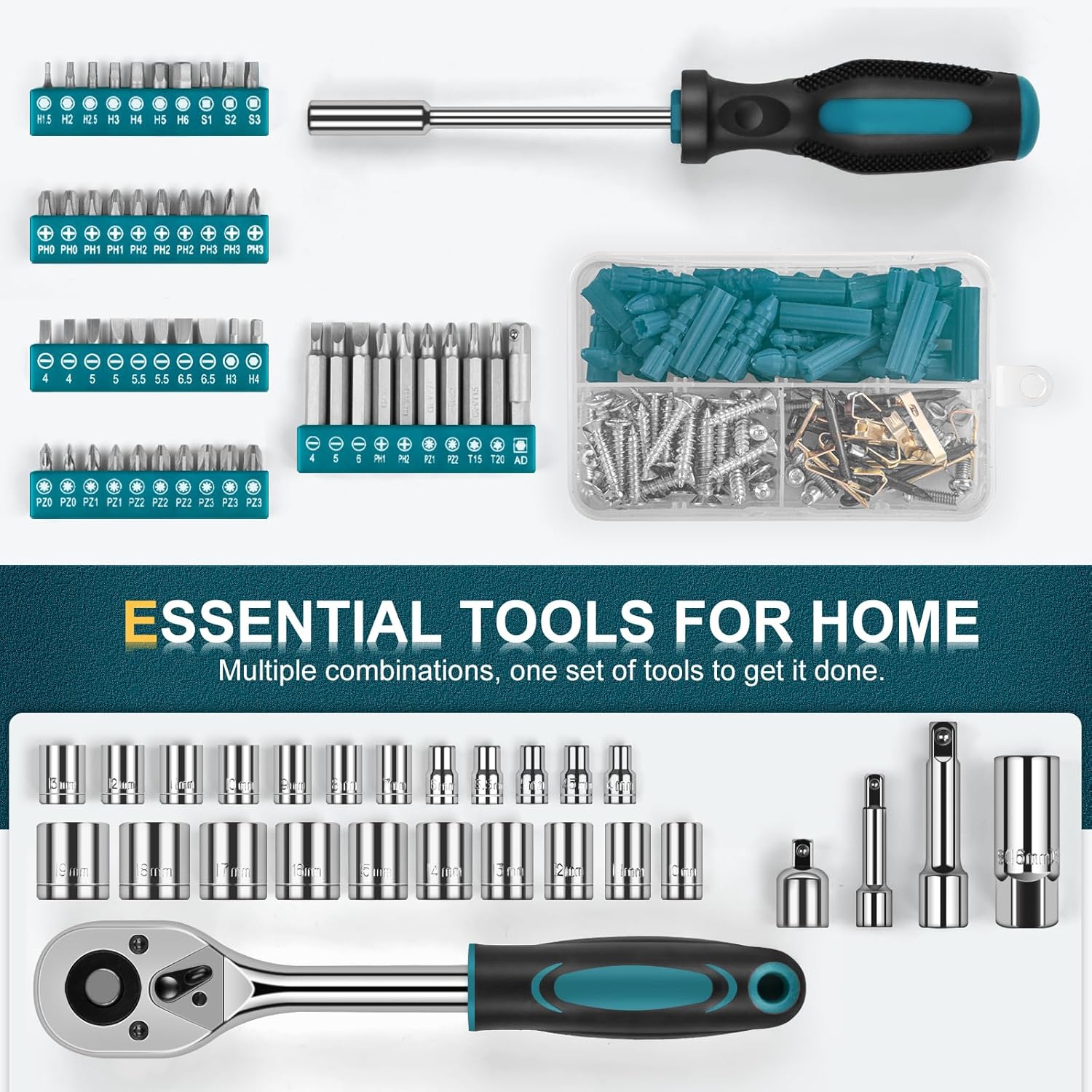 🔥 Angebote & Aktionen – Professional Filled Tool Box 287 Pieces - Tool Box Filled Tool Set for Household with Ratchet Wrench Socket Pliers Adjustable Wrench Multifunctional Tool Blue – Bild 6