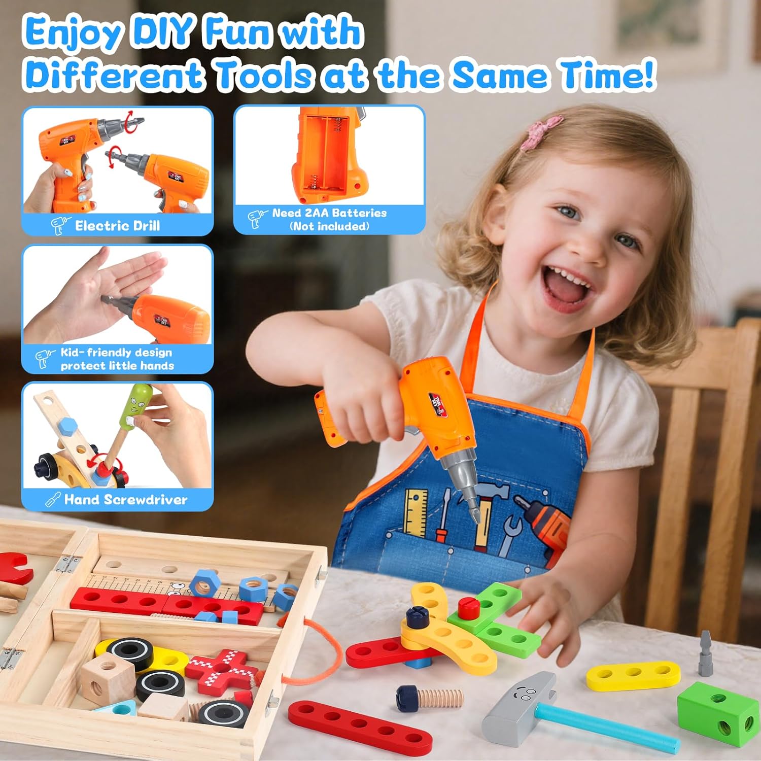 ⚡ Elektro & Technik – Spielzeug ab 3 Jahren, Werkzeugkasten Kinder Montessori Spielzeug ab 3 4 5 Jahren Junge Mädchen Holzspielzeug mit Akkuschrauber & Schürze Rollenspiel Werkzeugkasten Geschenke für Kinder – Bild 2
