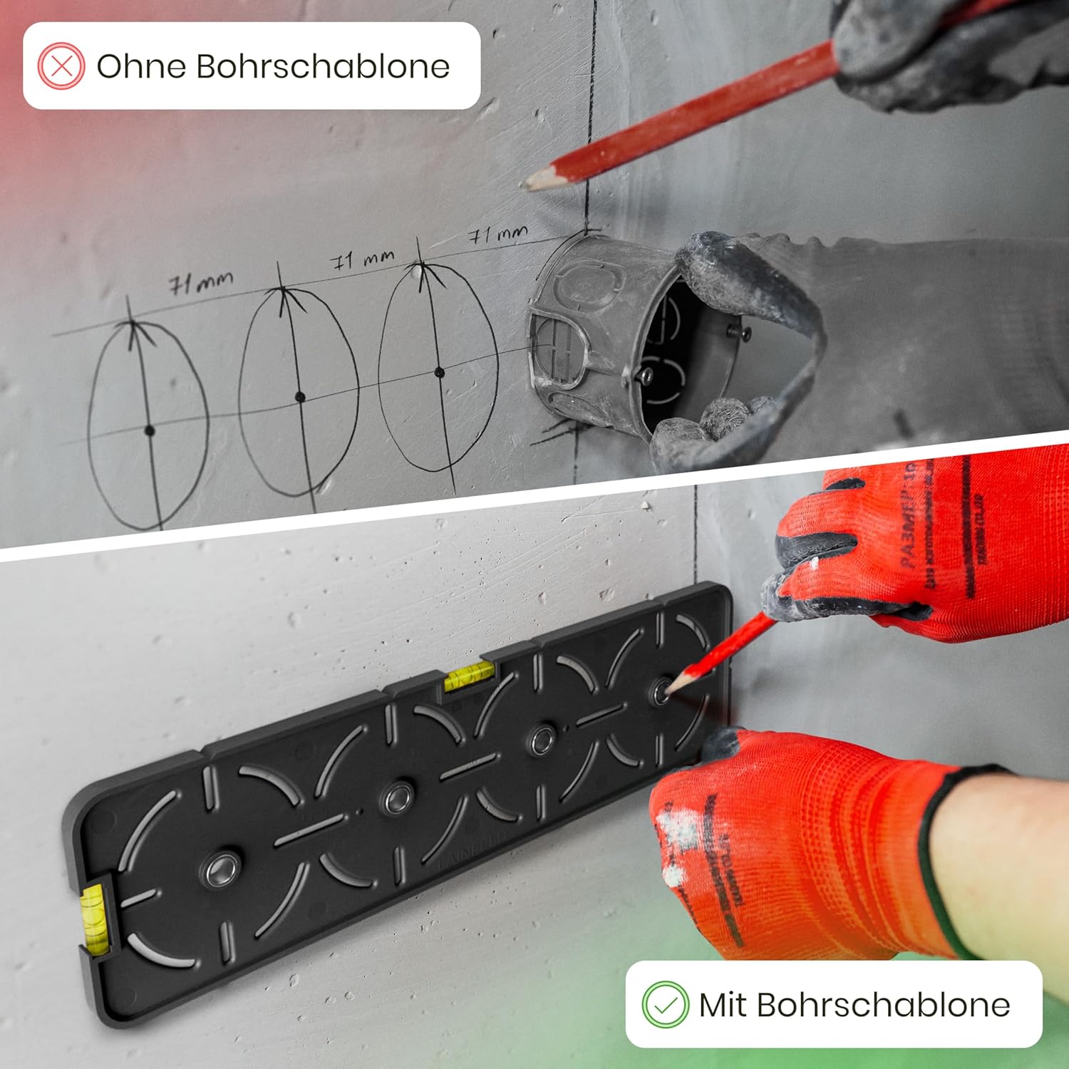 ⚡ Elektro & Technik – Bohrschablone für Steckdosen, inkl. Wasserwaage, Elektriker, Wasserwaage für Steckdose, Unterputzdose, Hohlwanddose, Rohbauschablone – Bild 5
