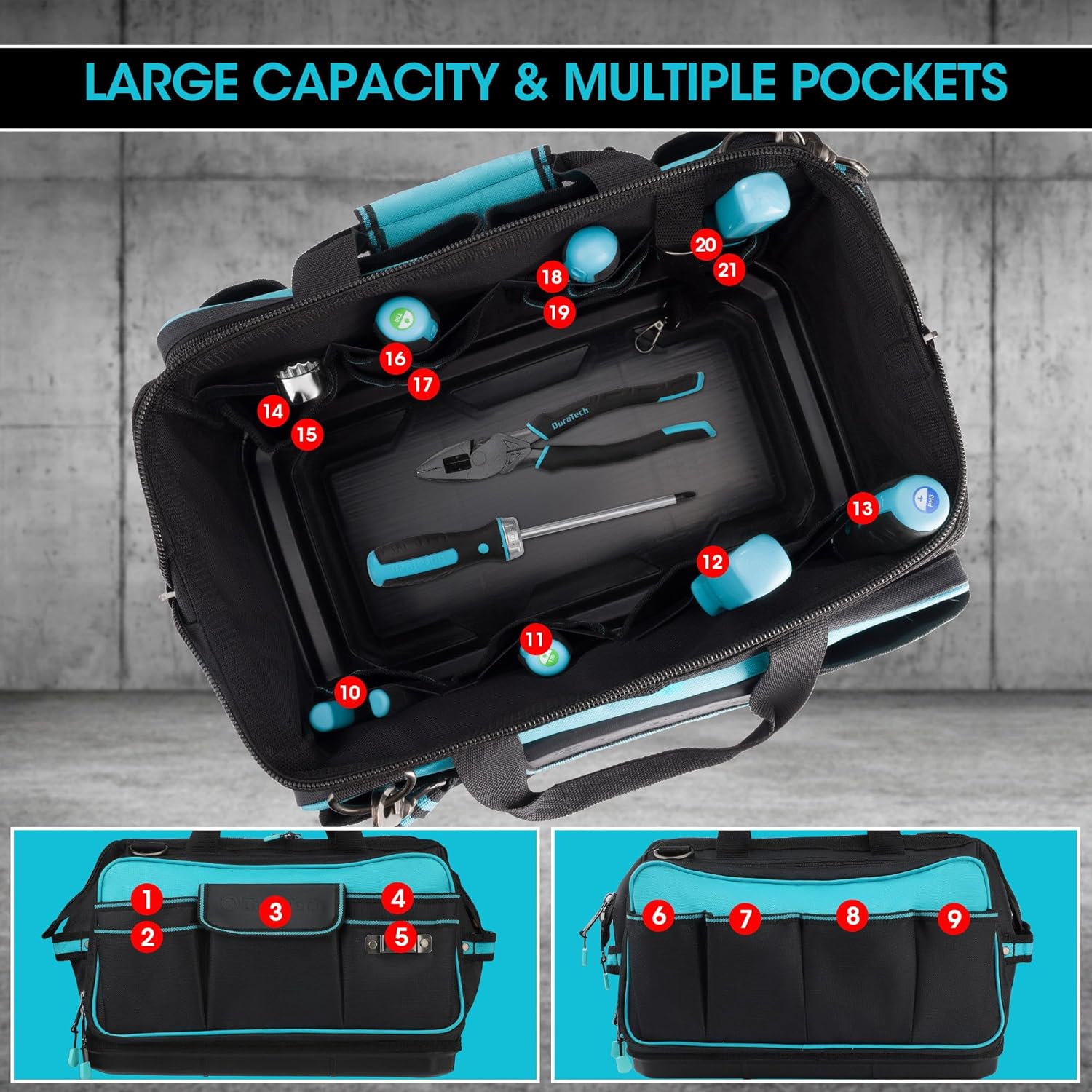 ⚡ Elektro & Technik – DURATECH Elektriker-Werkzeugtasche, wasserdicht, 43 cm, professionelle Werkzeugtasche mit breiter Öffnung und hohem Fassungsvermögen, 840D-Polyester, 32 Taschen, verstellbarer Riemen, Clip-Design, für Heimwerker – Bild 3