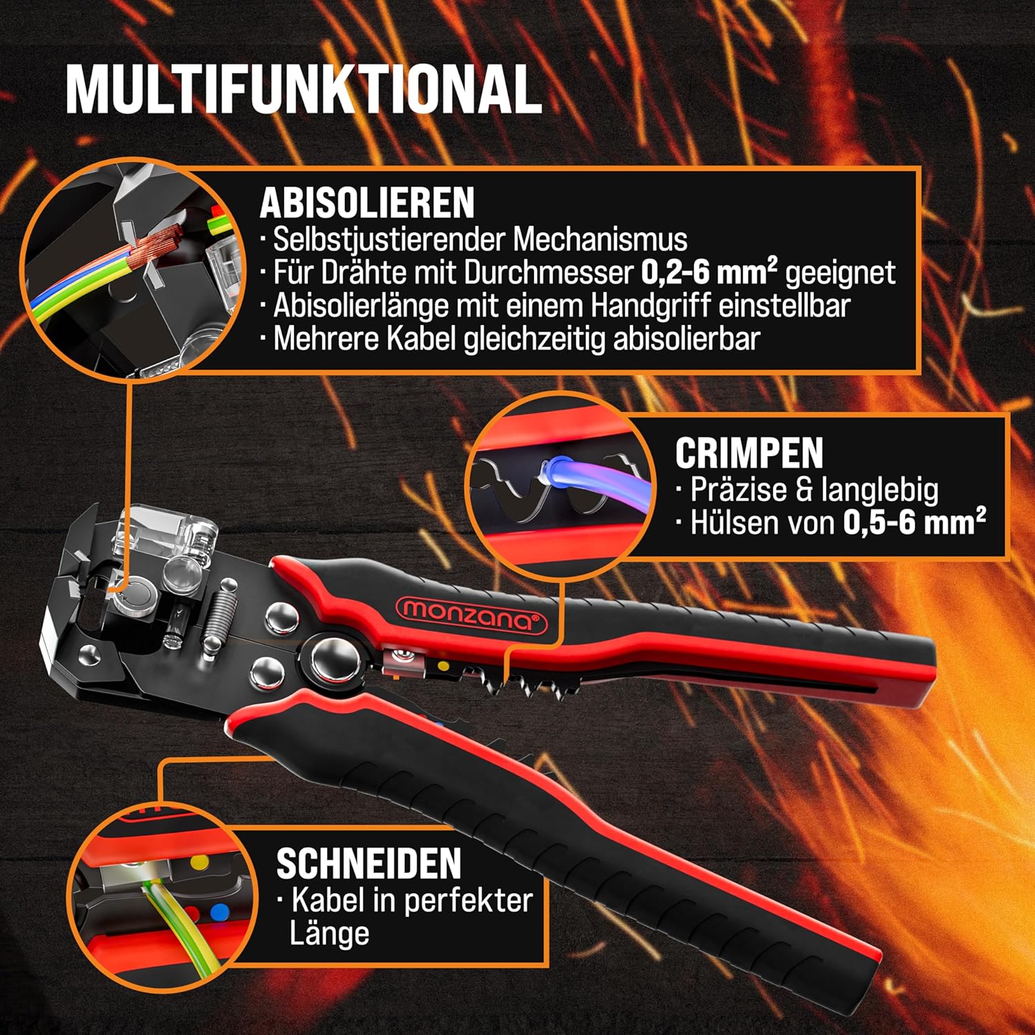 ⚡ Elektro & Technik – MONZANA Abisolierzange 3-in-1-Set, 220-teilig, Zubehörbox, 0,2–6 mm², Stahl, automatisches Isolierband, Kabelbinder, elektrisches Abisolierwerkzeug, Crimpzange, Kabel – Bild 3
