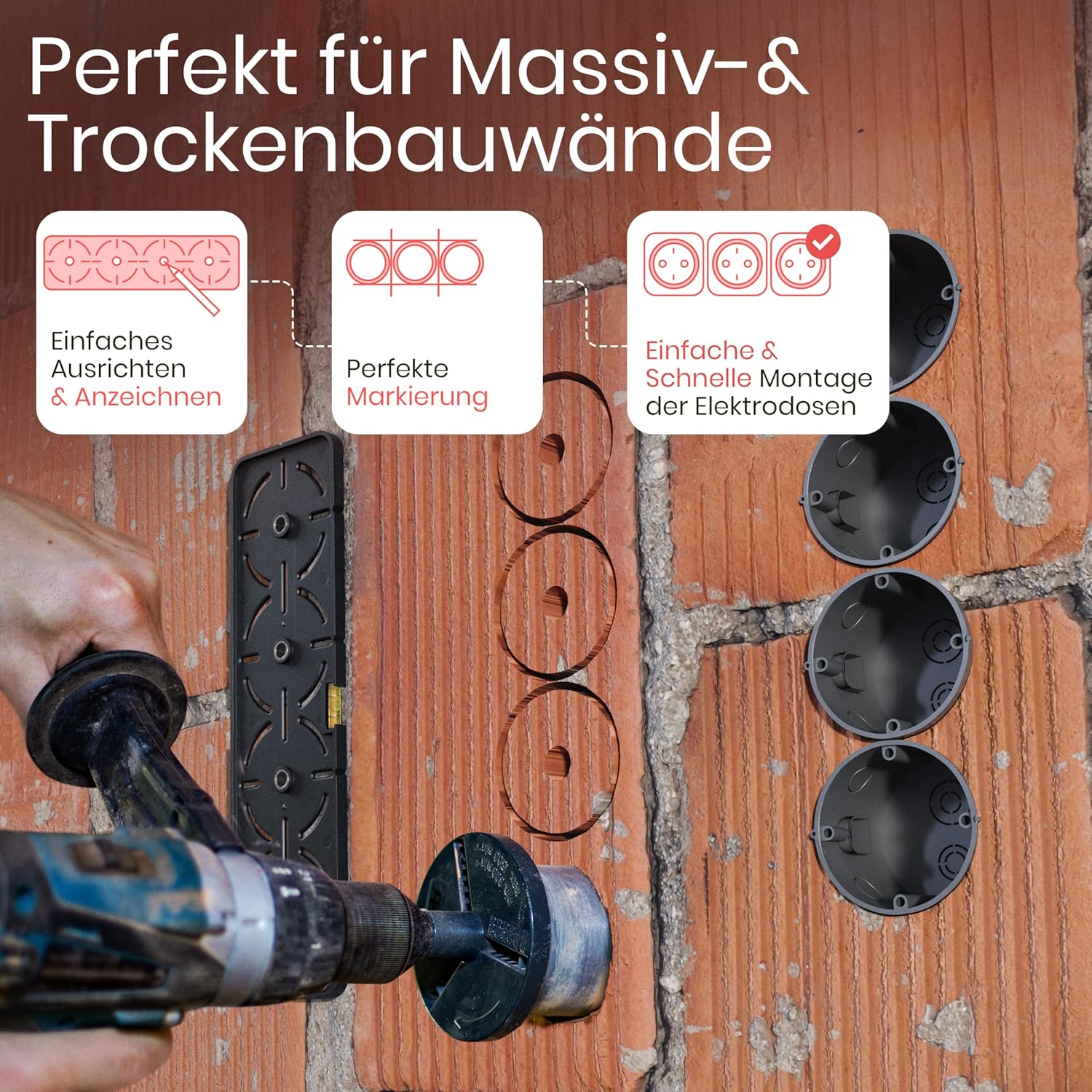 ⚡ Elektro & Technik – Bohrschablone für Steckdosen, inkl. Wasserwaage, Elektriker, Wasserwaage für Steckdose, Unterputzdose, Hohlwanddose, Rohbauschablone – Bild 4
