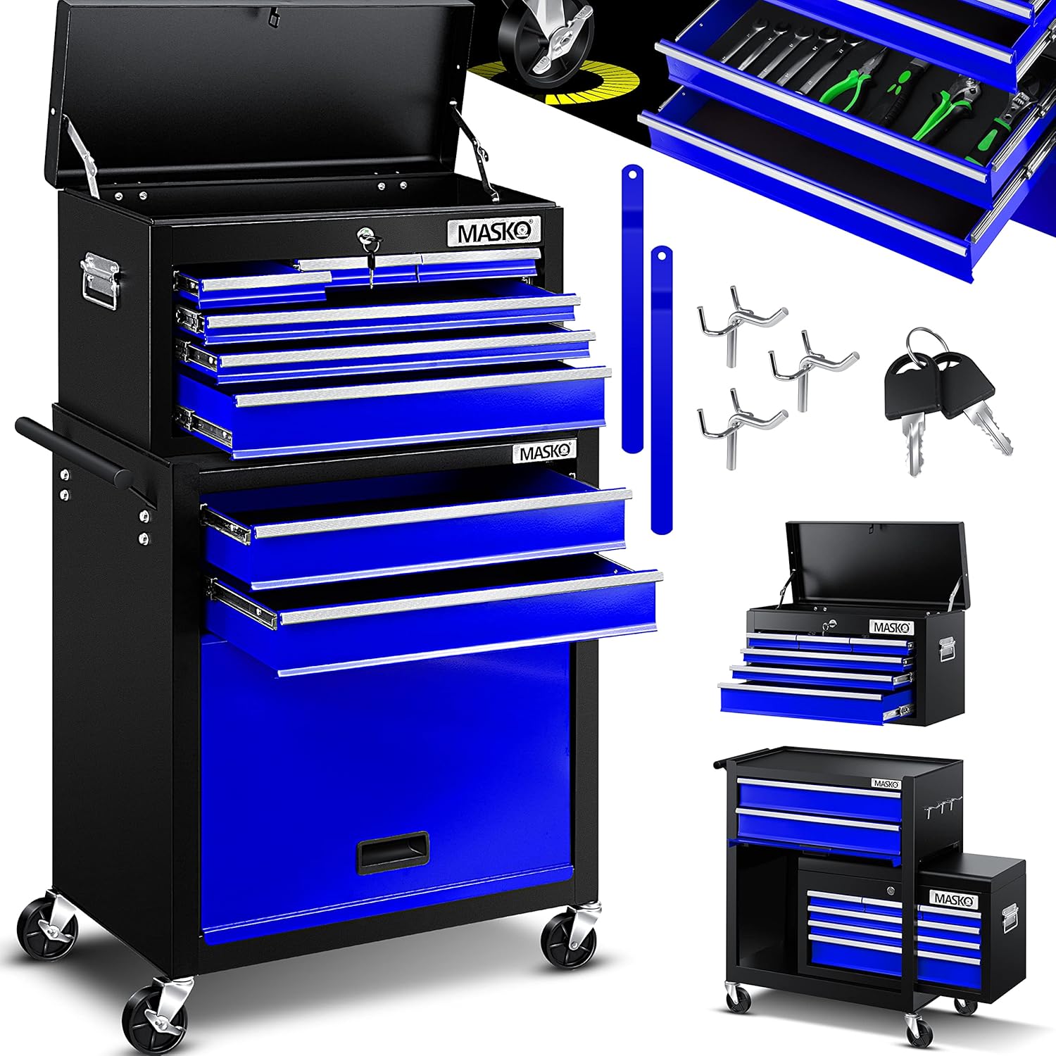 🚗 KFZ & Werkstatt – MASKO® Workshop Trolley incl. Suitcase – 9 compartments ✓ Lockable ✓ Solid metal ¨ Mobile tool trolley without tools ¦ Professional workshop trolley for tool storage with lock, blue