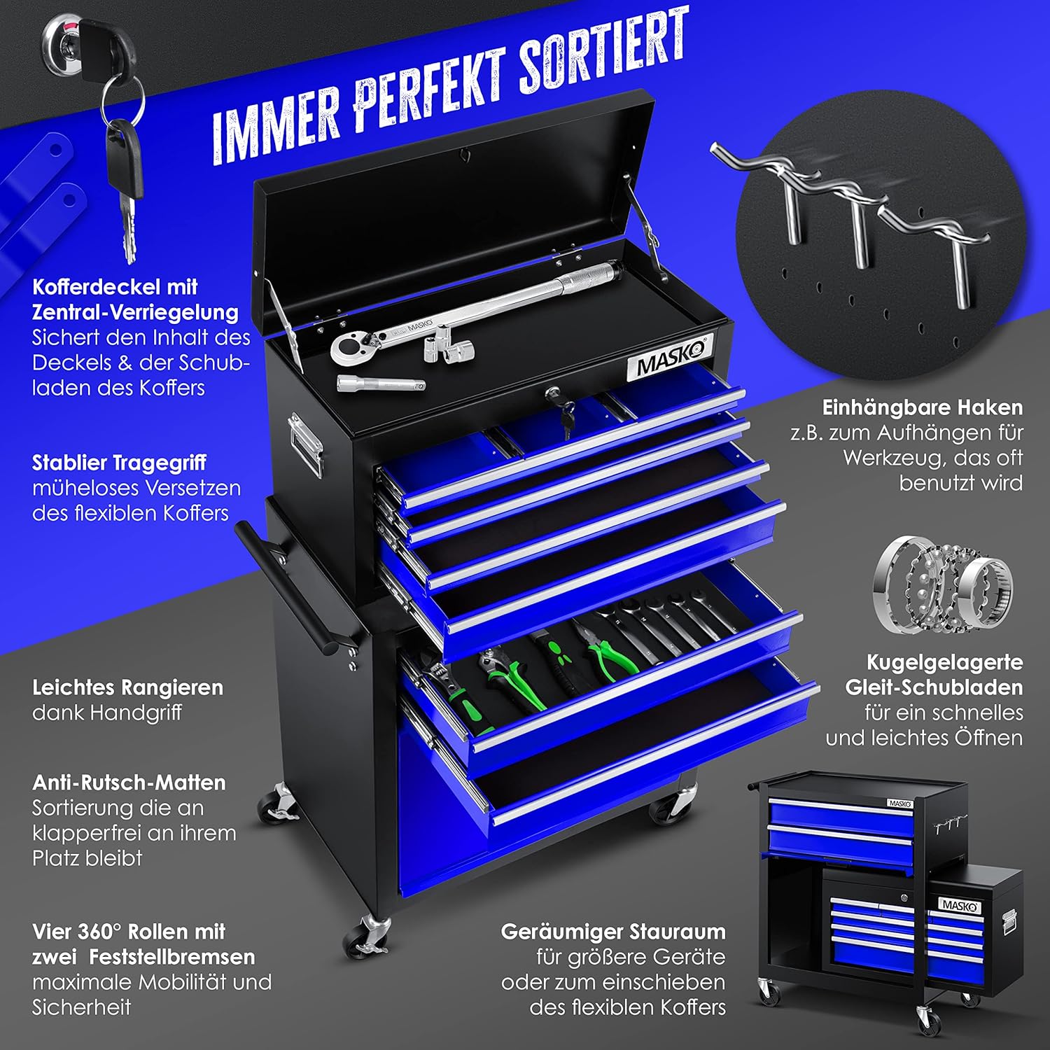 🚗 KFZ & Werkstatt – MASKO® Workshop Trolley incl. Suitcase – 9 compartments ✓ Lockable ✓ Solid metal ¨ Mobile tool trolley without tools ¦ Professional workshop trolley for tool storage with lock, blue – Bild 4