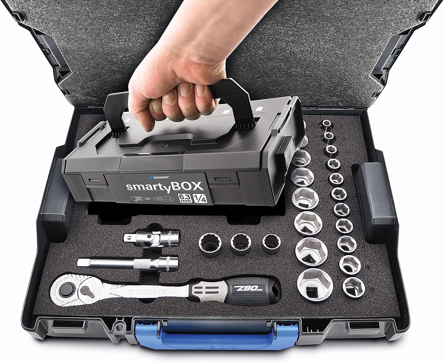 🚗 KFZ & Werkstatt – Matador Socket Spanner Set 80 Pieces | Ratchet Box with 1/2 Inch and 1/4 Inch Ratchet | Car Tool in l Boxx | Includes Bit Set | Spark Plug Wrench | SmartyBox L1 | Matador Tool No. 81454150 – Bild 2