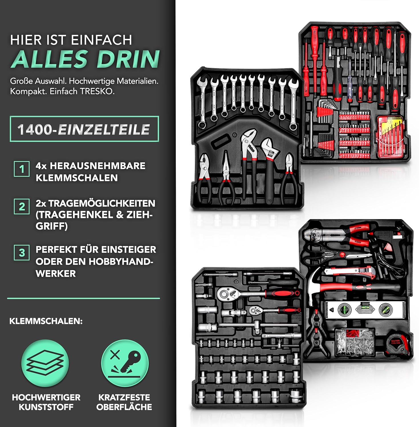 ⚒️ Bau & Montage – Tresko Werkzeugkoffer, 859 Teile, Werkzeugkoffer, Werkzeugtasche, Werkzeugset, Werkzeugwagen, Chrom-Vanadium-Stahl – Bild 3