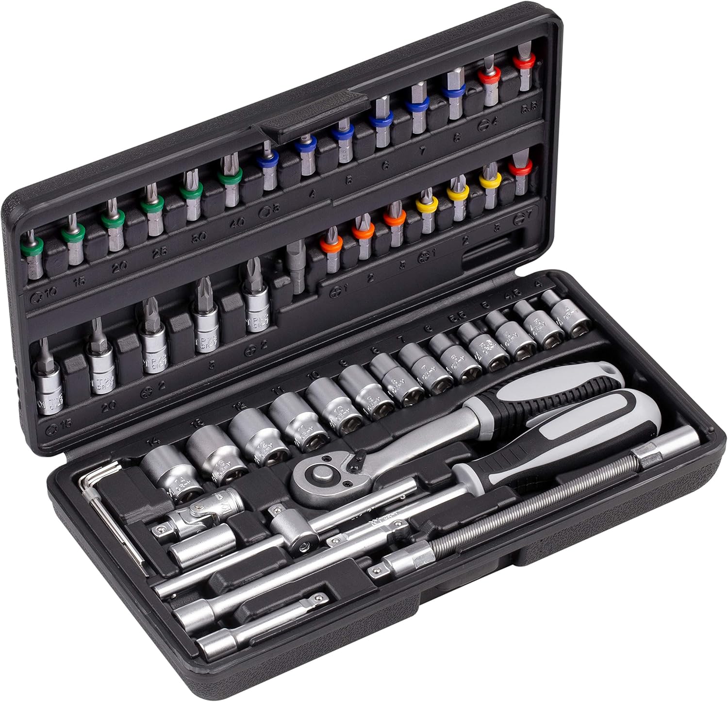 🚗 KFZ & Werkstatt – Connex Bit and socket spanner set, 52 pieces, sturdy plastic case, 1/4 inch, reversible ratchet with quick release function, for assembly and screwing, socket and bit set, COXB365010