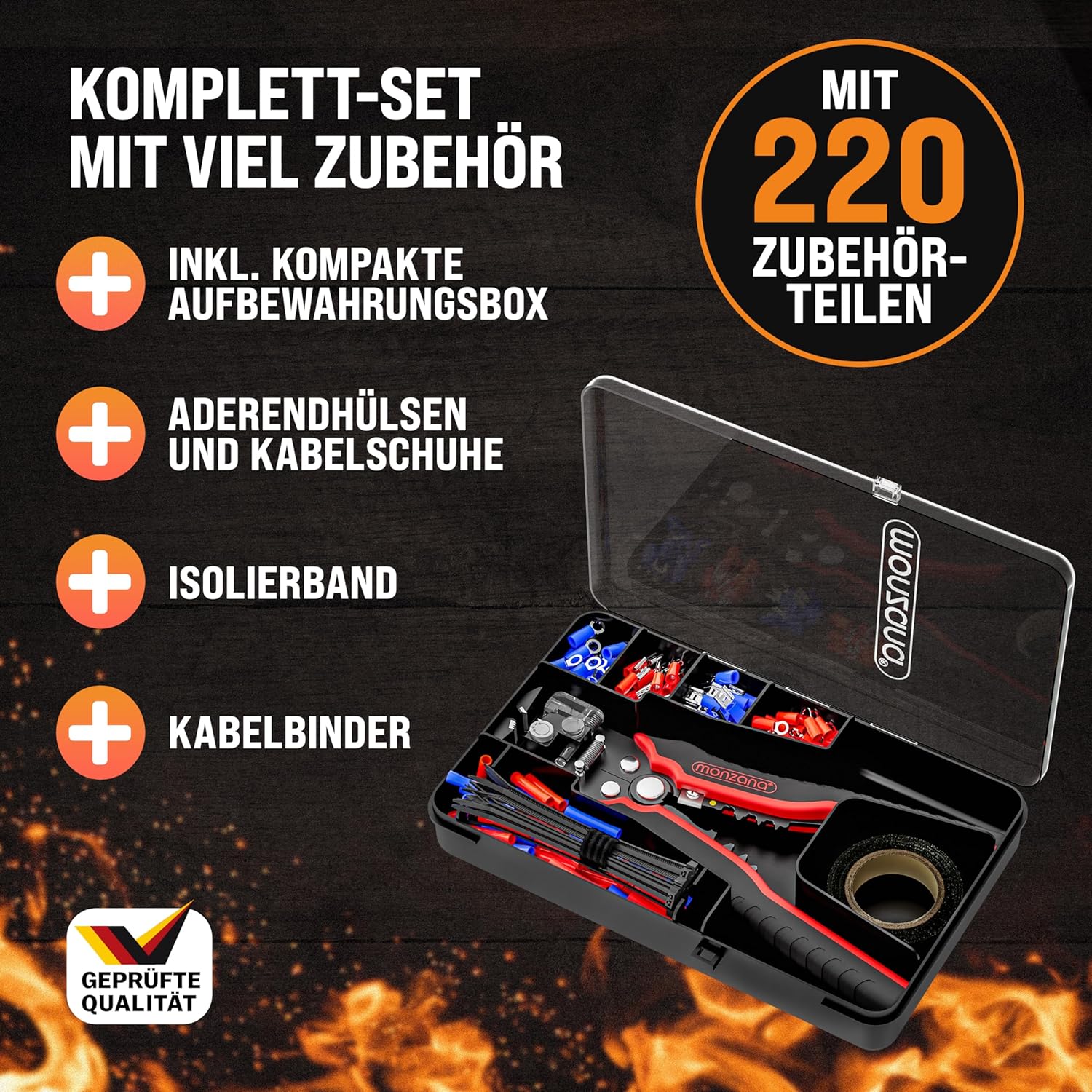 ⚡ Elektro & Technik – MONZANA Abisolierzange 3-in-1-Set, 220-teilig, Zubehörbox, 0,2–6 mm², Stahl, automatisches Isolierband, Kabelbinder, elektrisches Abisolierwerkzeug, Crimpzange, Kabel – Bild 2