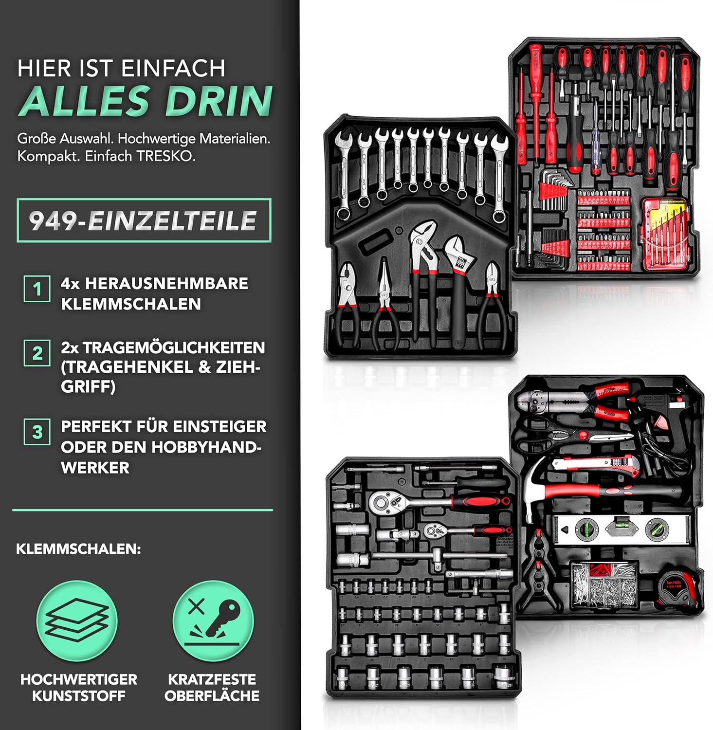 ⚒️ Bau & Montage – Tresko Werkzeugkoffer, 859 Teile, Werkzeugkoffer, Werkzeugtasche, Werkzeugset, Werkzeugwagen, Chrom-Vanadium-Stahl – Bild 2