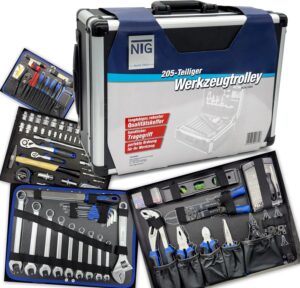 🚗 KFZ & Werkstatt – NTG Tool Box Filled with Tools, 205 Pieces with Wheels, Telescopic Handle, Workshop Case, Tool Set, Tool Trolley in Sturdy Aluminium Case
