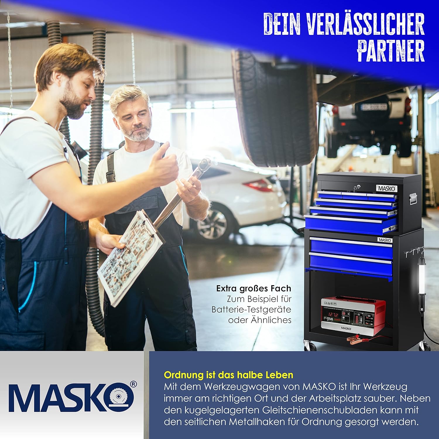 🚗 KFZ & Werkstatt – MASKO® Workshop Trolley incl. Suitcase – 9 compartments ✓ Lockable ✓ Solid metal ¨ Mobile tool trolley without tools ¦ Professional workshop trolley for tool storage with lock, blue – Bild 6