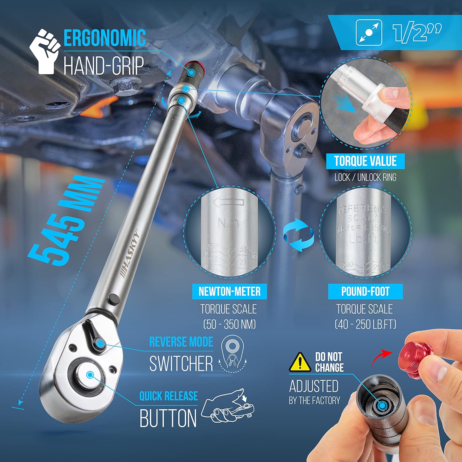 🚗 KFZ & Werkstatt – HASKYY Torque Wrench Set 1/2 Inch 50-350 Nm Car with Many Accessories such as Extension Rod, Bits, Nut Inserts, Adapter – Bild 2