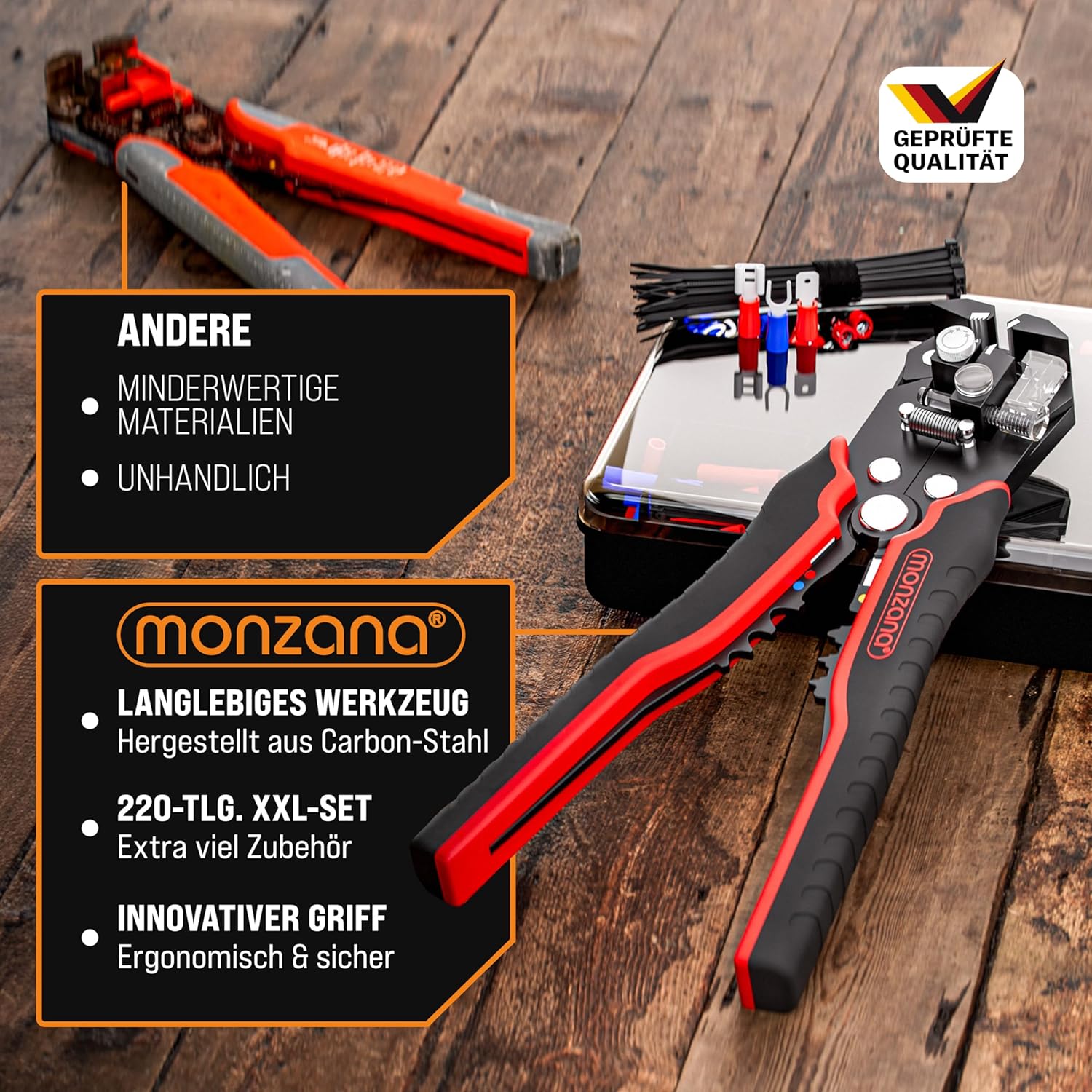 ⚡ Elektro & Technik – MONZANA Abisolierzange 3-in-1-Set, 220-teilig, Zubehörbox, 0,2–6 mm², Stahl, automatisches Isolierband, Kabelbinder, elektrisches Abisolierwerkzeug, Crimpzange, Kabel – Bild 5
