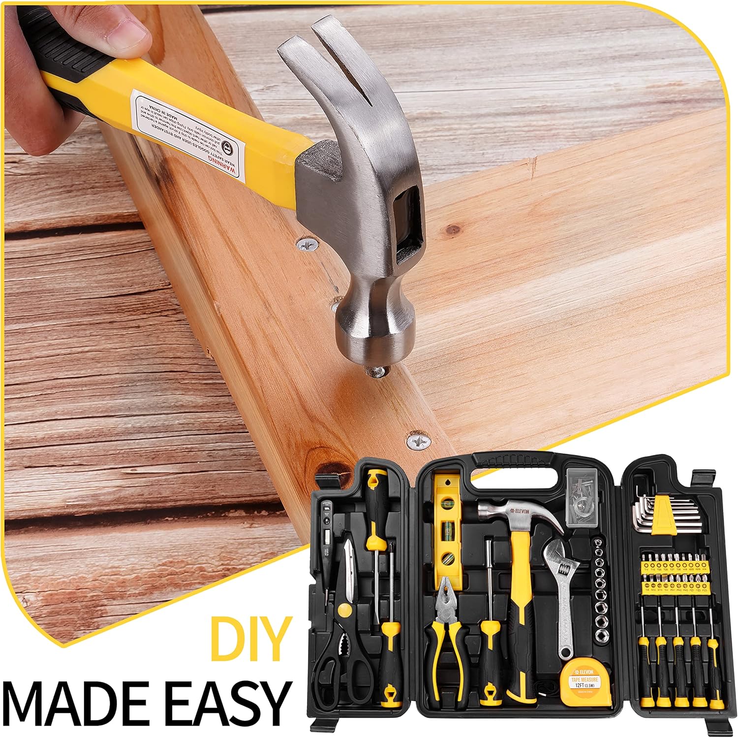 🔥 Angebote & Aktionen – Elevon 94-Piece Yellow Household Tool Set, Tool Set with Storage Box, DIY Basic Tool Set, with Two Additional Accessories, Suitable for Home, Office, School and Furniture – Bild 6