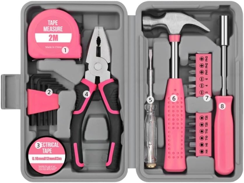 ⚡ Elektro & Technik – 24-teiliges Haushaltswerkzeugset mit Stahlbandmaß, Inbusschlüssel und Spannungsprüfer für Reparaturen zu Hause, Heimwerkerprojekte und Elektroarbeiten (Rosa)