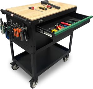 🔥 Angebote & Aktionen – 3-Tier Rolling Tool Trolley with Drawer, Wooden Worktop, 150 kg Load Capacity, 82 x 48 x 90 cm for Warehouse, Garage, Garden, Workshop