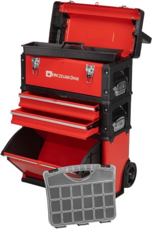 🔥 Angebote & Aktionen – Tool Trolley 3 Parts Sheet Steel Red Powder Coated - 1 Tool Box, 2 Narrow Drawers, 1 Large Folding Compartment - Free Small Parts Case
