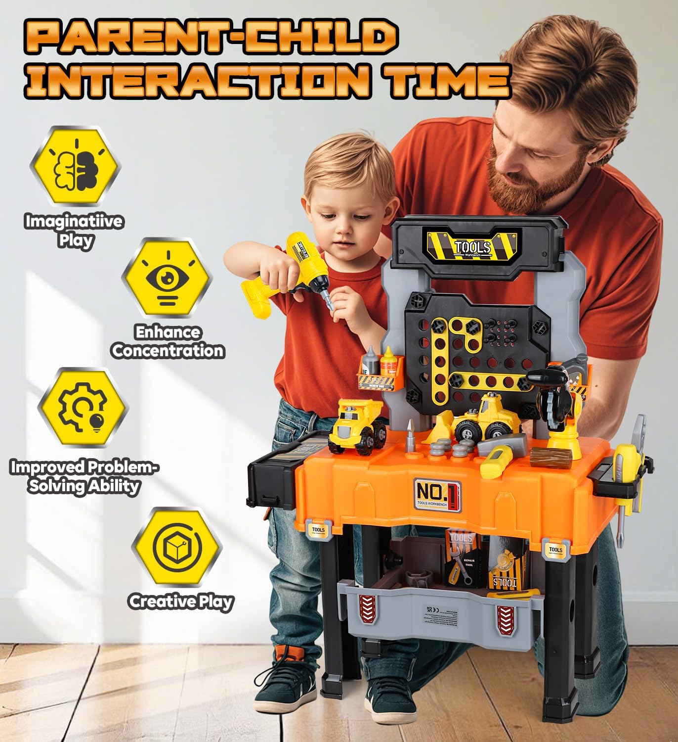 ⚒️ Bau & Montage – Lehoo Castle Werkbank Kinder, Kinder Werkzeug Set mit Bohrer und abnehmbarem Baufahrzeug, 2in1 Werkzeugkoffer und Werkzeugbank, STEM Lernspielzeug für Kinder ab 2 3 Jahren – Bild 5